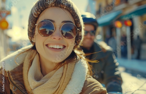 Happy Couple Riding Scooter Through Coastal Town at Sunset