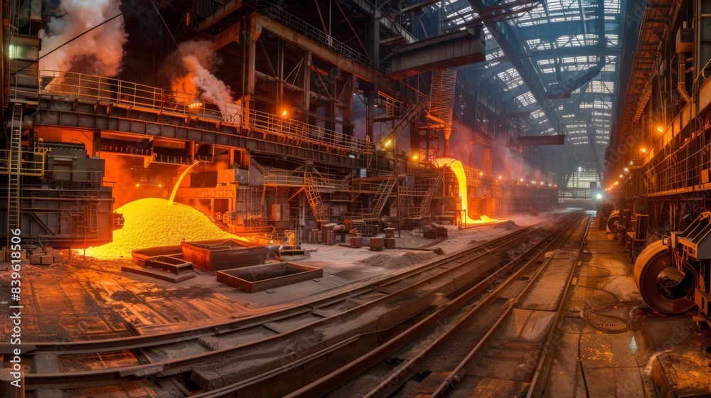 A panoramic view of a steel mill or foundry with molten metal pouring into molds, illustrating global metallurgical production A panoramic view of a steel mill or foundry with molten metal pouring into molds, illustrating global metallurgical production
