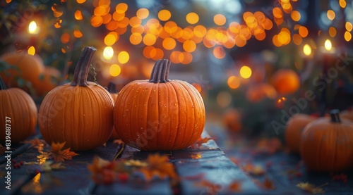 Three Pumpkins On A Wooden Table With Fall Leaves and String Lights