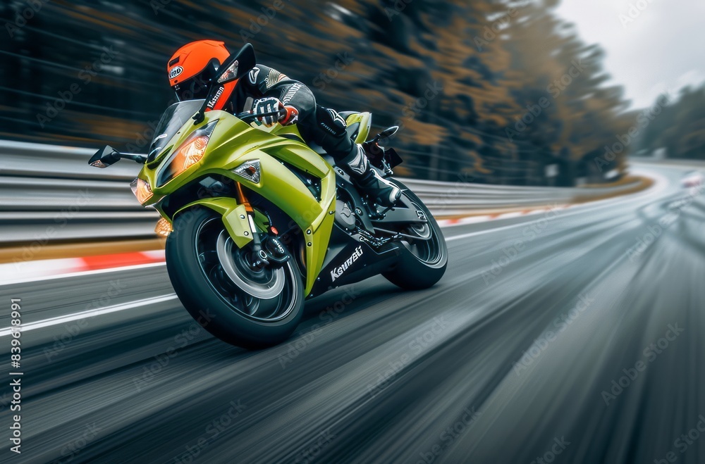 A light green motorcycle is turning, with the rider wearing an orange helmet and white A light green motorcycle is turning, with the rider wearing an orange helmet and white