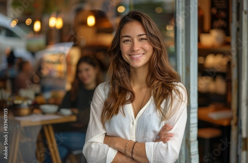 Smiling Woman Wearing Apron Stands Outside Coffee Shop