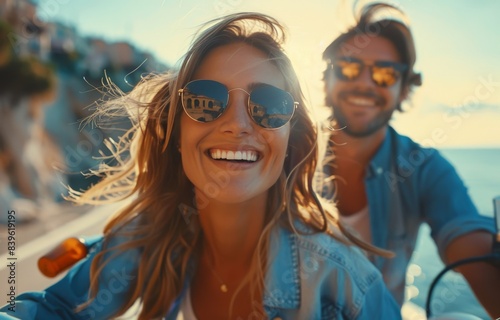 Happy Couple Riding Scooter Through Coastal Town at Sunset