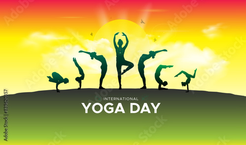 International Yoga Day. Website Banner header. Group of people practicing yoga. Vector illustration