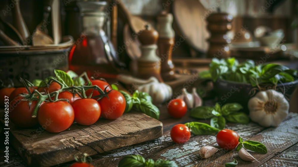 A rustic kitchen scene with tomatoes, basil, and garlic, ingredients for classic Italian cuisine like caprese salad or marinara sauce A rustic kitchen scene with tomatoes, basil, and garlic, ingredients for classic Italian cuisine like caprese salad or marinara sauce