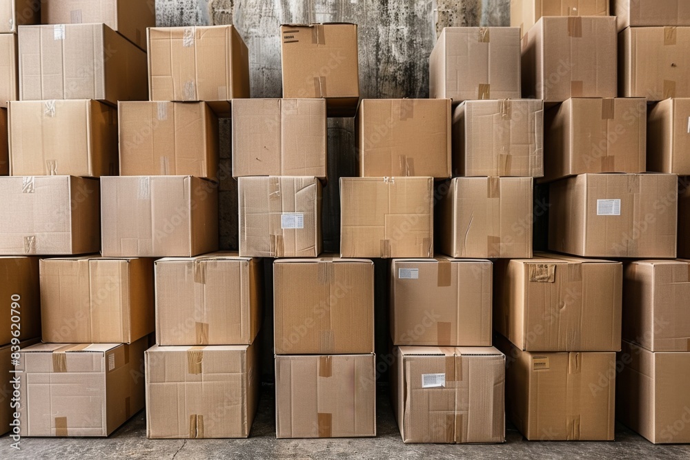 Numerous stacked boxes on room floor