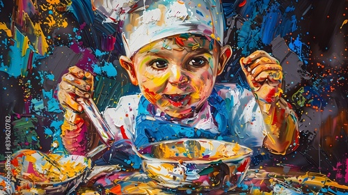 Vibrant Pop Art Depiction of Imaginative Child Cook Preparing a Meal with Vibrant Colorful Painting Style