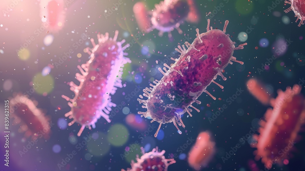 Fototapeta premium Microscopic view of bacteria with vibrant lighting, illustrating a science and medical concept, ideal for educational and research purposes.