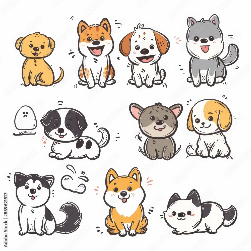Fototapeta premium Cute dogs set, pet animal symbols, hand drawn puppy icons silhouettes, funny dog character drawings