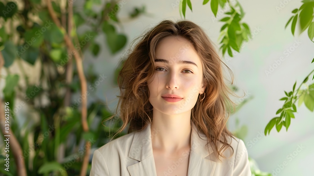 Confident Young Professional Woman in Eco-Friendly Office Setting Confident Young Professional Woman in Eco-Friendly Office Setting