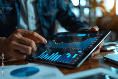 Person using tablet with chart on table