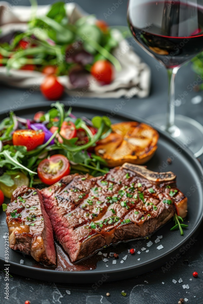 Juicy sliced ​​steak with vegetable salad and a glass of red wine. Food Photography