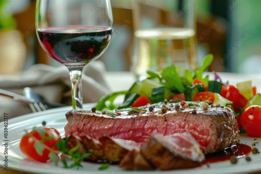 Juicy sliced steak with vegetable salad and a glass of red wine. Food Photography Juicy sliced steak with vegetable salad and a glass of red wine. Food Photography