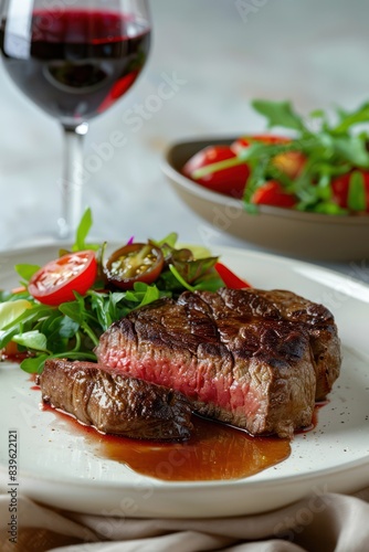 Juicy sliced ​​steak with vegetable salad and a glass of red wine. Food Photography