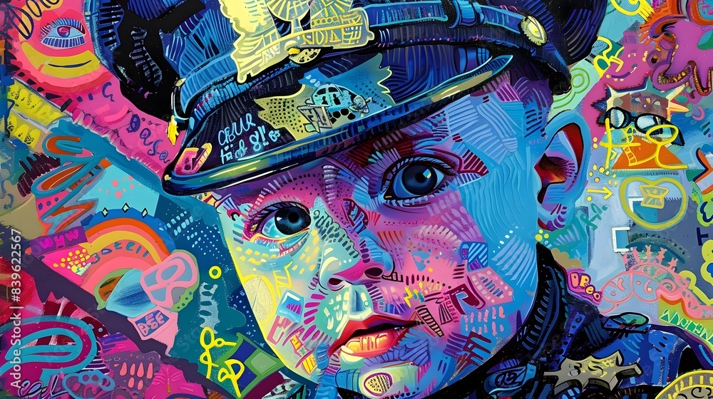 Fototapeta premium Imaginative Police Officer Infant Investigating in Vibrant Pop Art Mixed Media Style