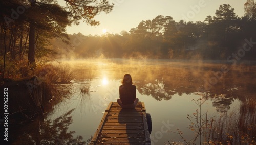 Eine junge Frau beim Yoga am See mit Nebel am Sonnenaufgang.