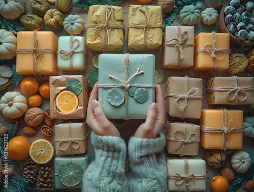 Inviting Online Shopping Haul with Vibrant Autumn Accents Neatly Displayed in a Rustic Yet Stylish Atmosphere