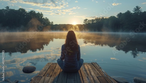 Eine junge Frau beim Yoga am See mit Nebel am Sonnenaufgang.