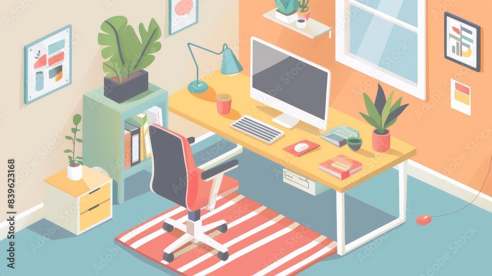 Modern home office workspace with desk, computer, plants, and chair.