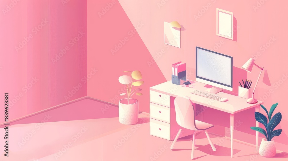 Minimalist home office workspace with pink walls, desk, and plants. Minimalist home office workspace with pink walls, desk, and plants.