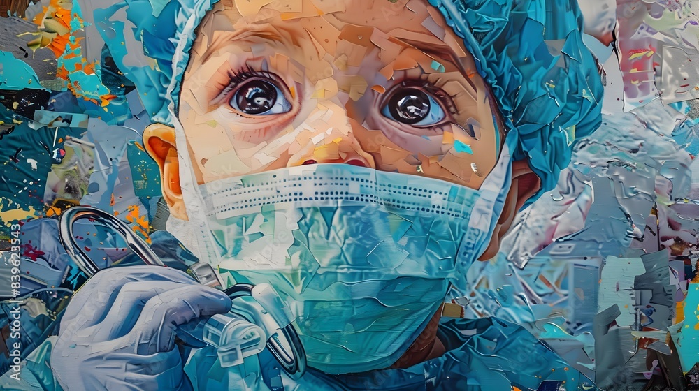 Surreal Medical Portrayal of Infant Surgeon in Vibrant Mixed-Media Scene Surreal Medical Portrayal of Infant Surgeon in Vibrant Mixed-Media Scene
