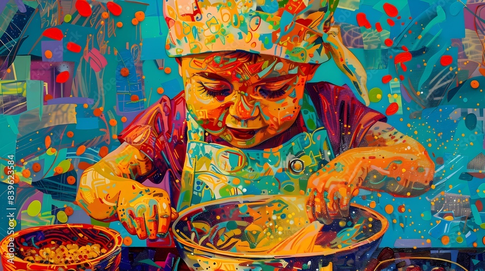 Fototapeta premium Surreal Pop Art of a Skillful Infant Cook in Action with Vibrant Textures and Playful Creativity