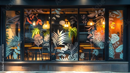 Stylishly Adorned Restaurant Window Enhances Inviting Ambiance with Trendy Decorative Stickers and Vibrant Tropical Foliage