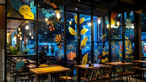 Stylishly Adorned Restaurant Window Exuding Trendy and Vibrant Ambiance