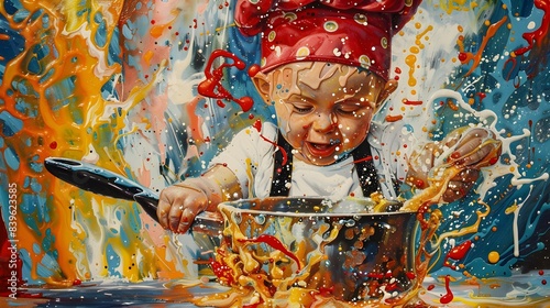 Surreal Pop Art of an Infant Chef in Vibrant Action with Mixed Media Mastery