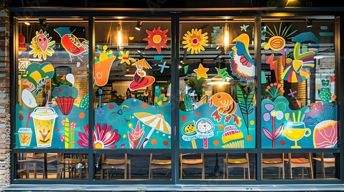 Trendy Restaurant Window Adorned with Decorative Stickers,Enhancing the Vibrant and Inviting Ambiance