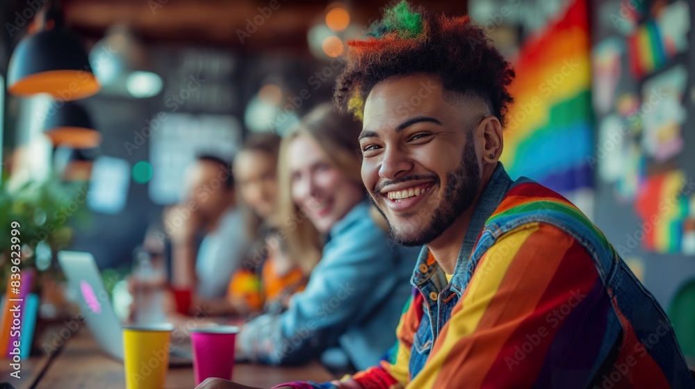 Smiling man in a colorful office with a rainbow flag, representing LGBTQ pride, diversity, inclusivity and teamwork ideal for commercial use professional settings, and collaborative work environments Smiling man in a colorful office with a rainbow flag, representing LGBTQ pride, diversity, inclusivity and teamwork ideal for commercial use professional settings, and collaborative work environments