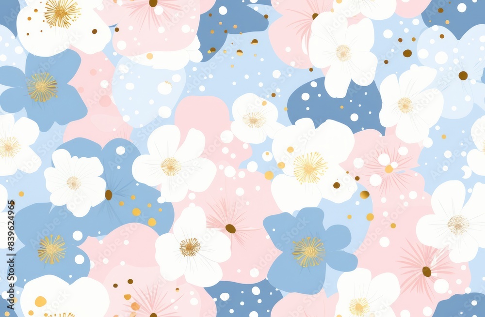 A seamless pastel pink and blue pattern featuring delicate white flowers and subtle gold accents, flat illustration design A seamless pastel pink and blue pattern featuring delicate white flowers and subtle gold accents, flat illustration design
