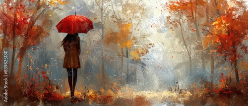 Woman Walking Through Autumn Forest With Umbrella