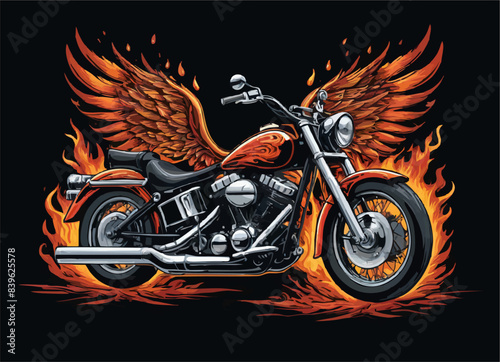 Vector t-shirt design with biker motorcycle, wings
and fire on black background.
Fashionable print for fabric, paper, men clothing,
hoodie, biker jacket. T shirt template with flame.