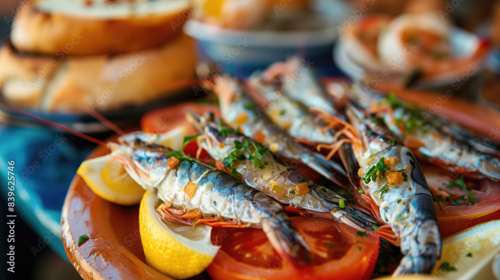 Fototapeta premium Appetizing spanish tapas with anchovies and shrimp close-up in the restaurant of San Sebastian, Donostia, Spain