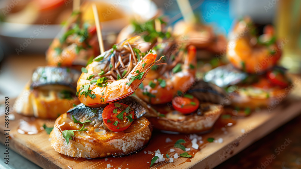 Obraz premium Appetizing spanish tapas with anchovies and shrimp close-up in the restaurant of San Sebastian, Donostia, Spain