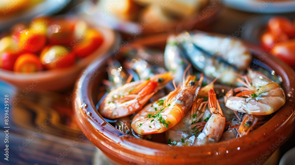 Obraz premium Appetizing spanish tapas with anchovies and shrimp close-up in the restaurant of San Sebastian, Donostia, Spain