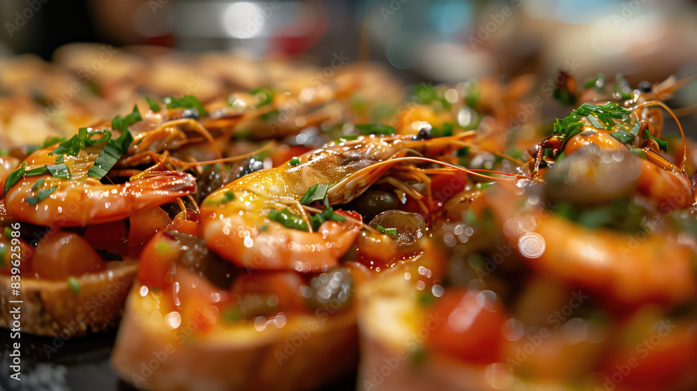 Obraz premium Appetizing spanish tapas with anchovies and shrimp close-up in the restaurant of San Sebastian, Donostia, Spain