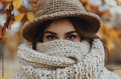 Woman Wearing Knitted Hat and Sweater in Fall