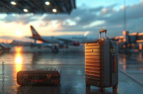 Two Suitcases On An Airport Tarmac At Sunset