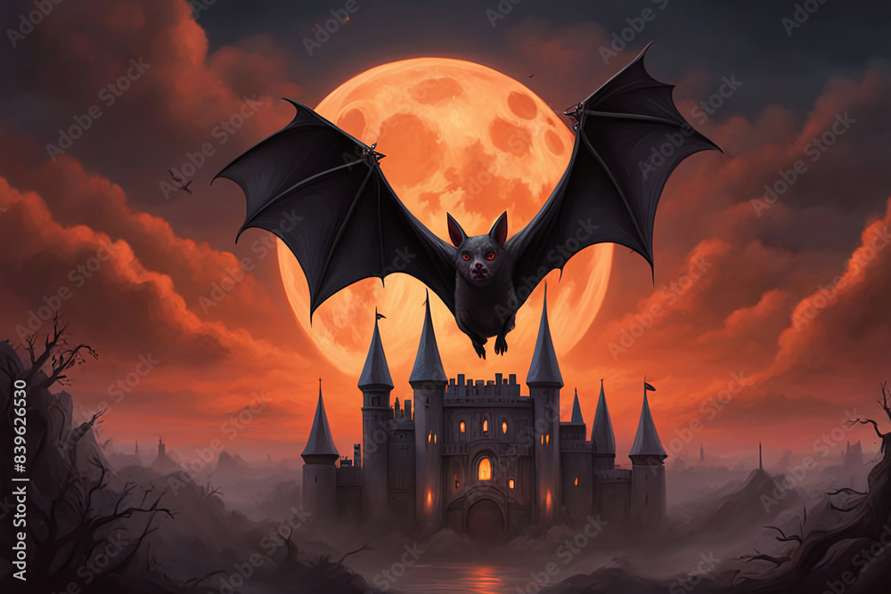 A large vampire bat flying on the orange clouds and sky. with a castle ...