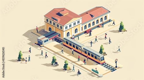 Fototapeta Naklejka Na Ścianę i Meble -  Isometric illustration of a train station with passengers and a train arriving.