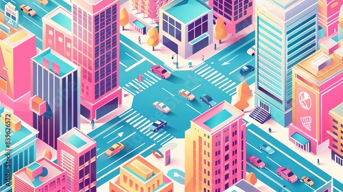 Isometric view of a city intersection with buildings, cars, and pedestrians.