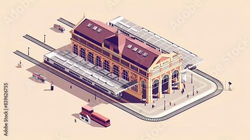 Isometric illustration of a train station with platforms, tracks and people.