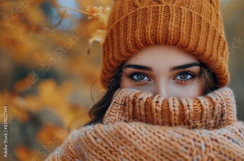 Woman Wearing Knitted Hat and Sweater in Fall