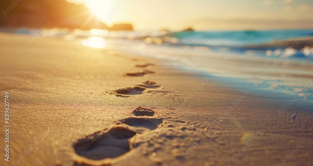 Footprints in Sand Leading to Ocean at Sunset Footprints in Sand Leading to Ocean at Sunset