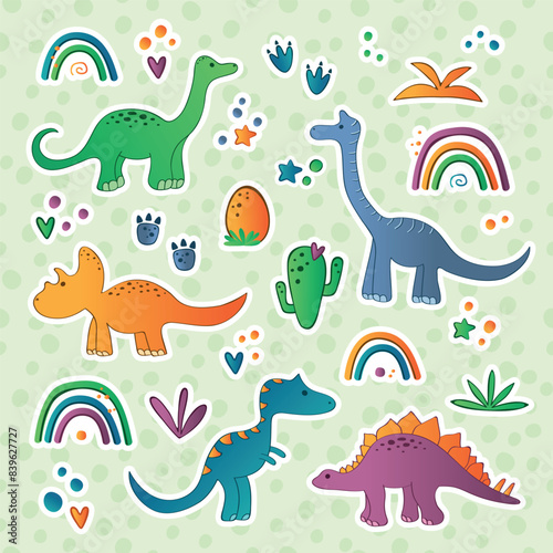 Set of  cartoon stickers with lovely dinosaurs characters. Dino colorfull print for kids decor. Vector illustration set.