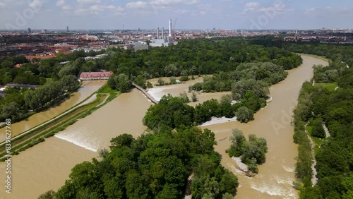Aerial of flood in Munich Bavaria, Flaucher Steg, 4d drone, Bridge over Isar, torrent, overflow, flooding