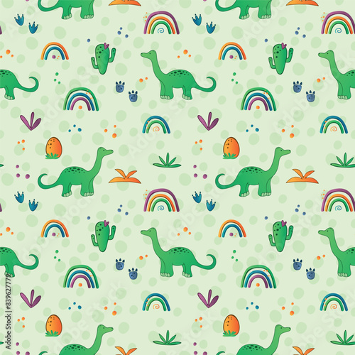Seamless pattern with lovely dinosaurs characters.