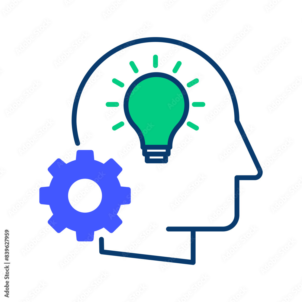 Creativity and Innovation. Idea generation. Head with light bulb and cog. Innovative Solutions, Brainstorming Concept Vector icon on a transparent background. Creativity and Innovation. Idea generation. Head with light bulb and cog. Innovative Solutions, Brainstorming Concept Vector icon on a transparent background.