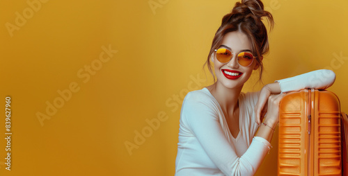 Smiling Woman in Yellow Sunglasses Leans on Orange Suitcase Against a Yellow ...